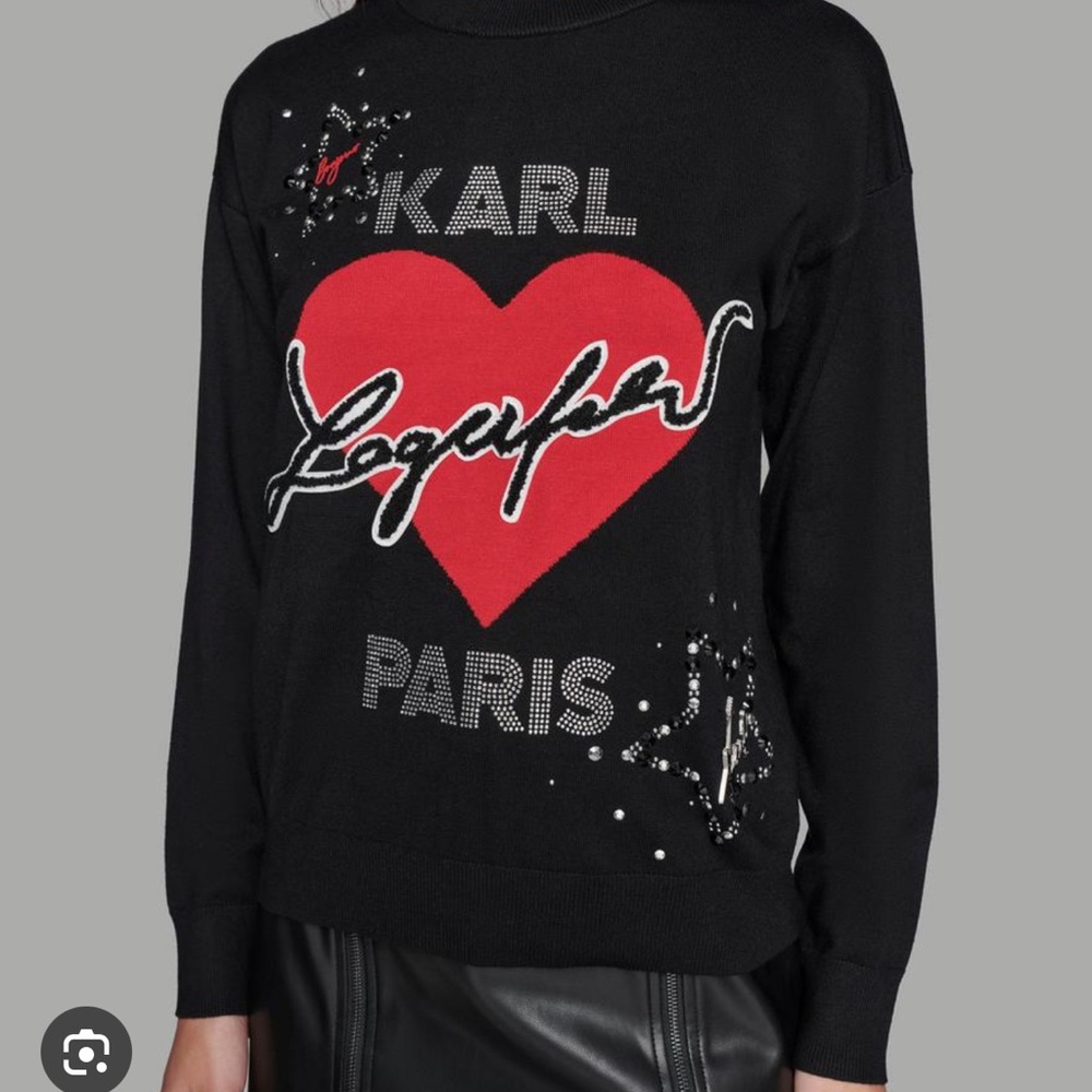 Karl Lagerfeld Black Sweater with Red Heart and Star Accents S